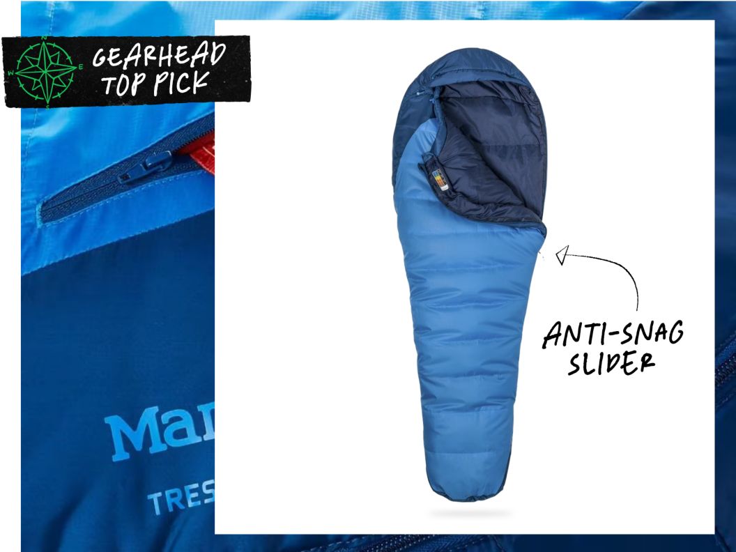 Image of blue sleeping bag. Text overlay reads: Gearhead Top Pick, anti-snag slider.